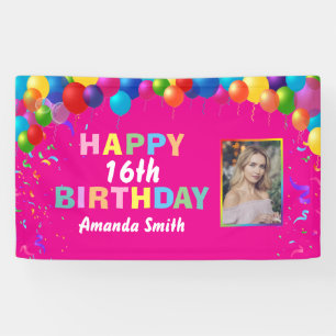 Happy 16th Birthday Colourful Balloons Hot Pink Banner