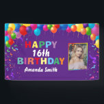 Happy 16th Birthday Colourful Balloons Purple Banner<br><div class="desc">Happy 16th Birthday Colourful Balloons Confetti Purple Photo Banner. For further customisation,  please click the "Customise it" button and use our design tool to modify this template.</div>