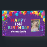 Happy 16th Birthday Colourful Balloons Purple Banner<br><div class="desc">Happy 16th Birthday Colourful Balloons Confetti Purple Photo Banner. For further customisation,  please click the "Customise it" button and use our design tool to modify this template.</div>