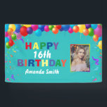 Happy 16th Birthday Colourful Balloons Teal Banner<br><div class="desc">Happy 16th Birthday Colourful Balloons Confetti Teal Aqua Turquoise Blue Photo Banner. For further customisation,  please click the "Customise it" button and use our design tool to modify this template.</div>