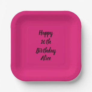 Happy 16th Birthday Custom Name Girly Pink Black  Paper Plate