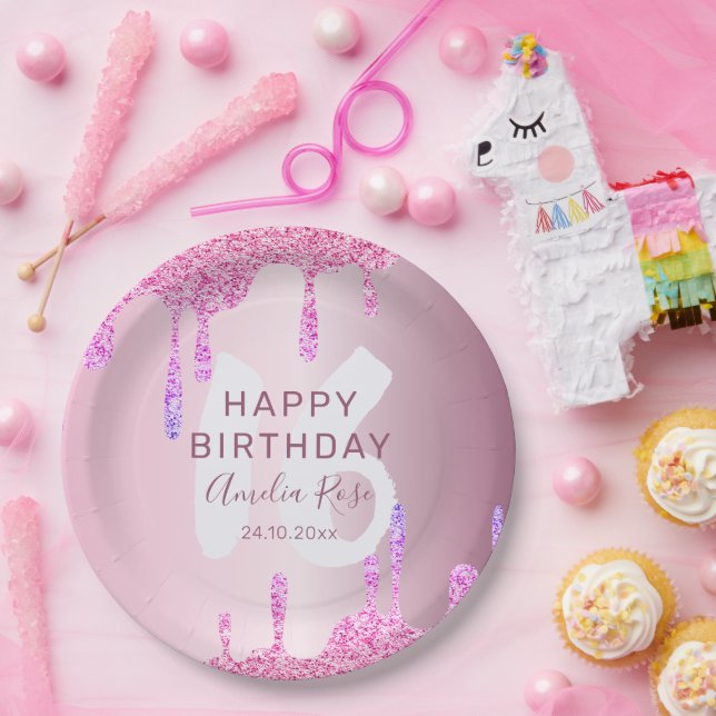 Happy 16th Birthday Glitter Drips Pink Metallic  Paper Plate (Party)