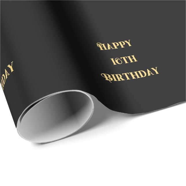 Happy 16th Birthday Gold Black Sixteen Custom Age Wrapping Paper (Roll Corner)