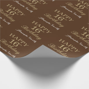 Happy 16th Birthday Gold Glitter and Brown Wrapping Paper