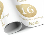 Happy 16th Birthday Gold Glitter and White Wrapping Paper<br><div class="desc">Happy 16th Birthday Gold Glitter and White Wrapping Paper with personalised name. For further customisation,  please click the "Customise it" button and use our design tool to modify this template.</div>