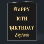 Happy 16th Birthday Gold Sixteen Custom Age Name Card<br><div class="desc">Designed with golden yellow text template for "Happy Sixteenth Birthday" message and custom name template which you may edit to customise and also custom colour background!</div>