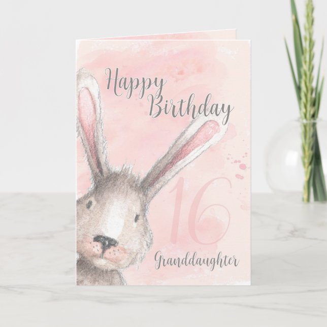 Happy 16th Birthday Granddaughter Watercolor Bunny Card (Front)