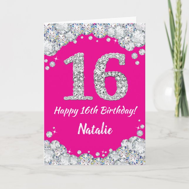 Happy 16th Birthday Hot Pink and Silver Glitter Card (Front)