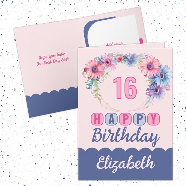 Happy 16th Birthday name floral pink Card (Creator Uploaded)