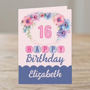 Happy 16th Birthday name floral pink Card