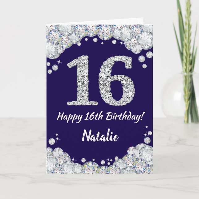 Happy 16th Birthday Navy Blue and Silver Glitter Card (Front)