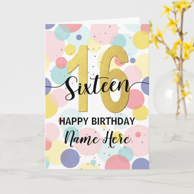 Happy 16th Birthday Pastel Rainbow and Gold Girl Card (Yellow Flower)