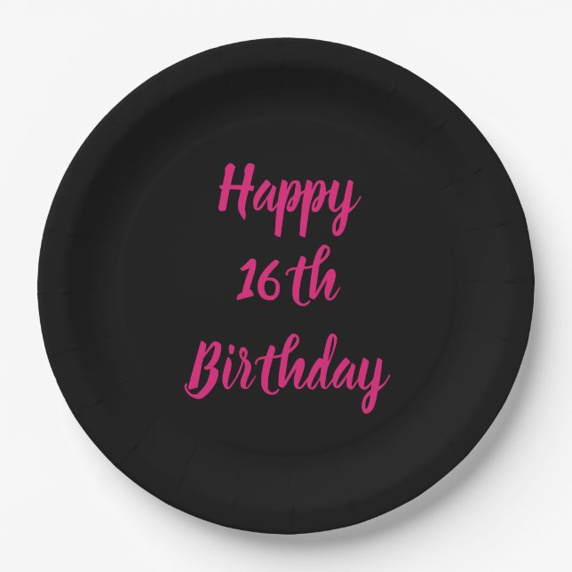 Happy 16th Birthday Pink Black Custom Colour 2023 Paper Plate (Front)