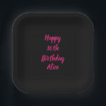 Happy 16th Birthday Pink Black Custom Colour Name Paper Plate<br><div class="desc">Designed with text template for "Happy 16th Birthday" message and name which you can customise! You may also change the background colour as you like.</div>