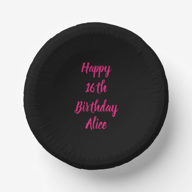 Happy 16th Birthday Pink Black Custom Colour Name  Paper Plate (Front)