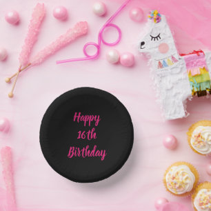 Happy 16th Birthday Pink Black Custom Colour Text Paper Plate