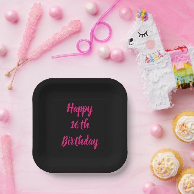 Happy 16th Birthday Pink Black Custom Colour Text Paper Plate (Party)