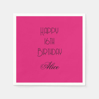 Happy 16th Birthday Pink Black Custom Name 2026 Napkin