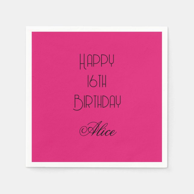 Happy 16th Birthday Pink Black Custom Name 2026 Napkin (Front)