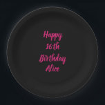 Happy 16th Birthday Pink Black Custom Name Colour Paper Plate<br><div class="desc">Designed with text template for "Happy 16th Birthday" message and name which you can customise! You may also change the background colour as you like.</div>