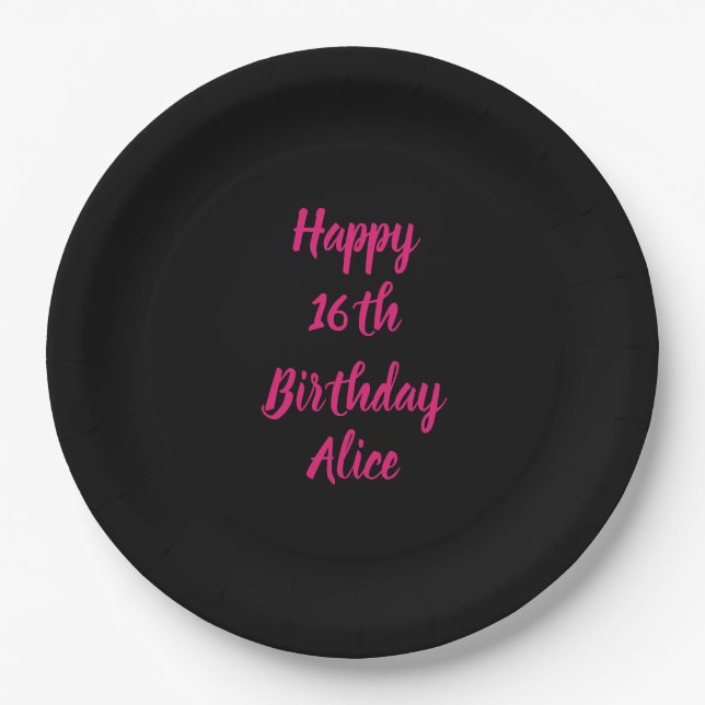 Happy 16th Birthday Pink Black Custom Name Colour Paper Plate (Front)