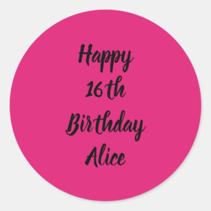 Happy 16th Birthday Pink Black Custom Name Girly Classic Round Sticker