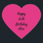 Happy 16th Birthday Pink Black Custom Name Girly Heart Sticker<br><div class="desc">Designed with text template for "Happy 16th Birthday" message and name which you can customise! You may also change the background colour as you like.</div>