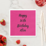 Happy 16th Birthday Pink Black Custom Name Girly Napkin<br><div class="desc">Designed with text template for "Happy 16th Birthday" message and name which you can customise! You may also change the background colour as you like.</div>