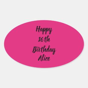 Happy 16th Birthday Pink Black Custom Name Girly Oval Sticker