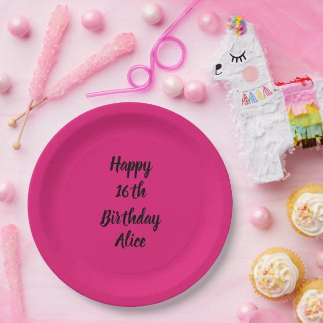 Happy 16th Birthday Pink Black Custom Name Girly Paper Plate (Party)