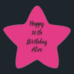Happy 16th Birthday Pink Black Custom Name Girly Star Sticker<br><div class="desc">Designed with text template for "Happy 16th Birthday" message and name which you can customise! You may also change the background colour as you like.</div>