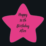 Happy 16th Birthday Pink Black Custom Name Girly Star Sticker<br><div class="desc">Designed with text template for "Happy 16th Birthday" message and name which you can customise! You may also change the background colour as you like.</div>