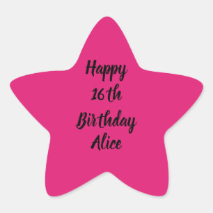 Happy 16th Birthday Pink Black Custom Name Girly Star Sticker