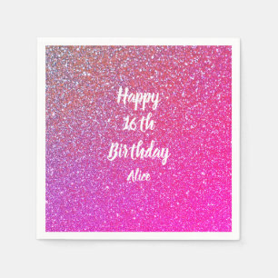 Happy 16th Birthday Pink Rose Gold Glitter Name Napkin
