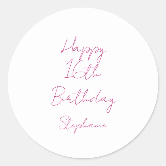 Happy 16th Birthday Pink White Sixteenth 2024 Classic Round Sticker (Front)