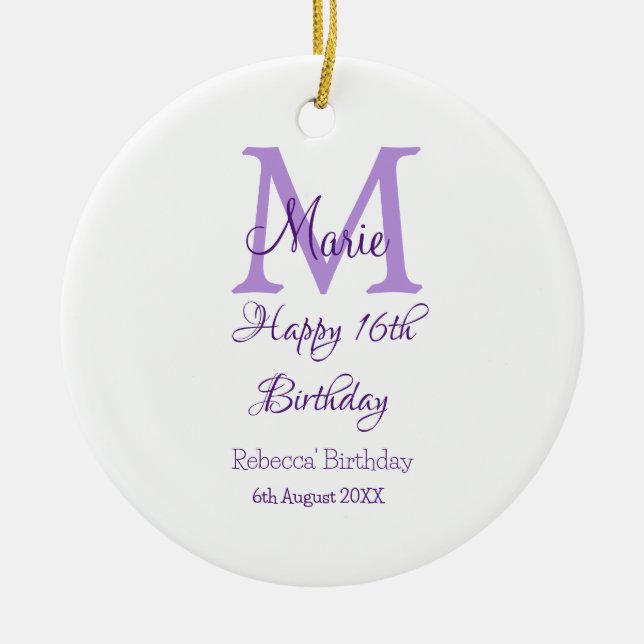 Happy 16th Birthday purple add name monogram moder Ceramic Tree Decoration (Front)