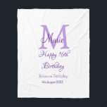 Happy 16th Birthday purple add name monogram moder Fleece Blanket<br><div class="desc">beautiful design</div>
