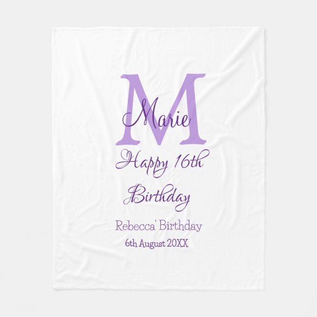 Happy 16th Birthday purple add name monogram moder Fleece Blanket (Front)