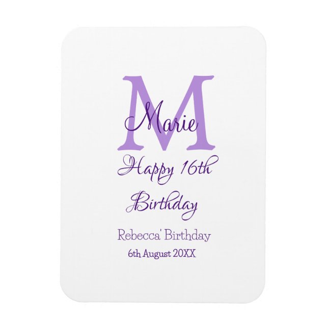 Happy 16th Birthday purple add name monogram moder Magnet (Vertical)