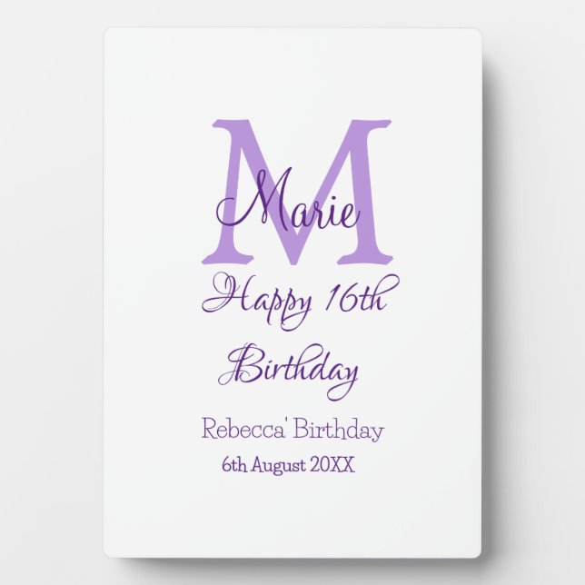 Happy 16th Birthday purple add name monogram moder Plaque (Front)