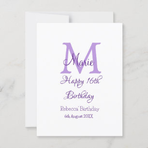 Happy 16th Birthday purple add name monogram moder Postcard