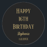 Happy 16th Birthday Sixteen Gold Black Custom Age Classic Round Sticker<br><div class="desc">Designed for birthday celebrations!</div>