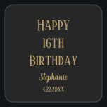 Happy 16th Birthday Sixteen Gold Black Custom Age Square Sticker<br><div class="desc">Designed for birthday celebrations!</div>