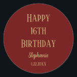 Happy 16th Birthday Sixteen Gold Burgundy Red Cute Classic Round Sticker<br><div class="desc">Designed for birthday celebrations!</div>