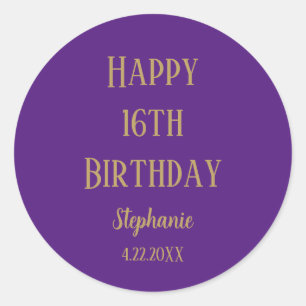 Happy 16th Birthday Sixteen Gold Purple Custom Age Classic Round Sticker