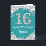 Happy 16th Birthday Teal and Silver Glitter Card<br><div class="desc">Happy 16th Birthday Teal Turquoise Aqua and Silver Glitter Card with personalised name. For further customisation,  please click the "Customise it" button and use our design tool to modify this template.</div>