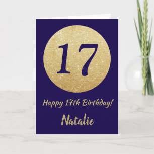 Happy 17h Birthday Navy Blue and Gold Glitter Card
