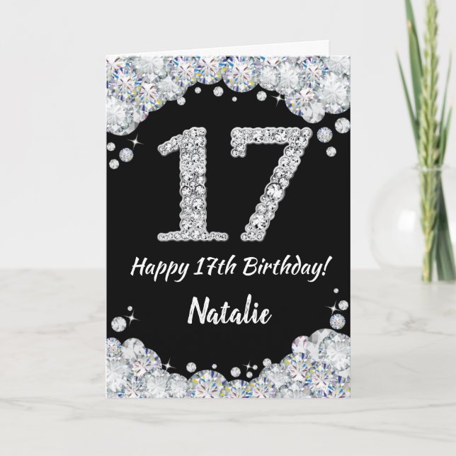 Happy 17th Birthday Black and Silver Glitter Card (Front)