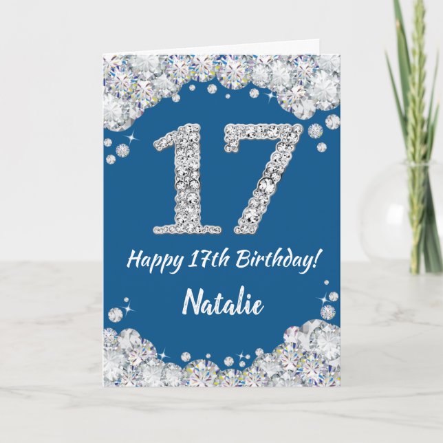 Happy 17th Birthday Blue and Silver Glitter Card (Front)