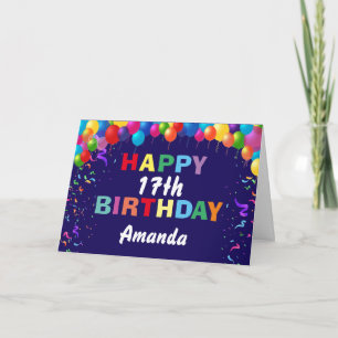 Happy 17th Birthday Colourful Balloons Navy Blue Card